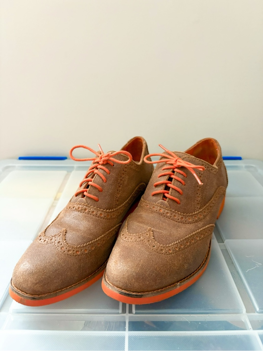 Cole Haan Suede Wingtip Oxfords - vibrant orange soles and laces